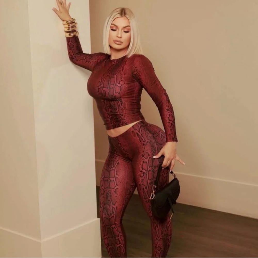 Stylish Burgundy Snake Print Leggings Set